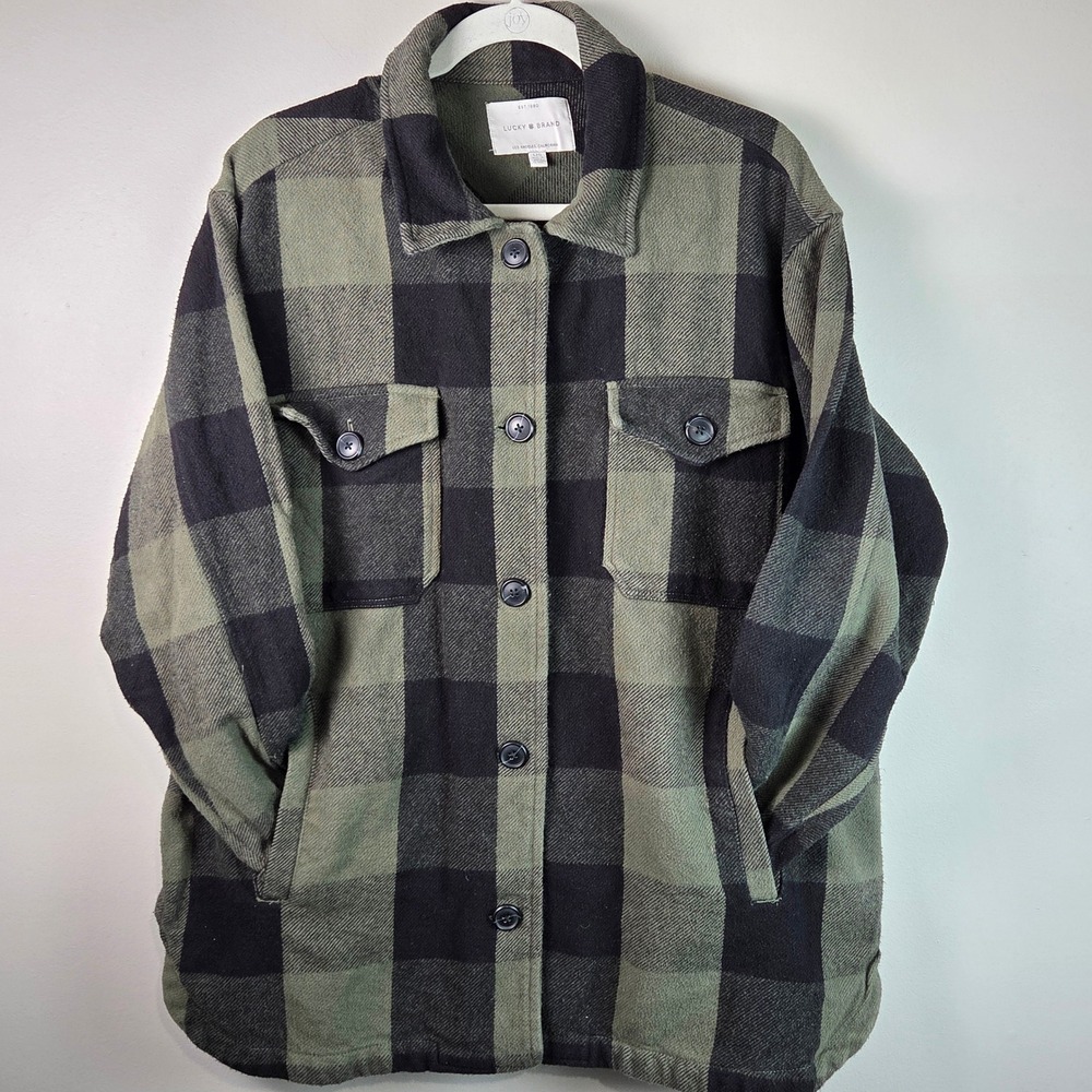 Lucky Brand Shacket Womens Large Green Black Excellent Buffalo Plaid 7WD3349